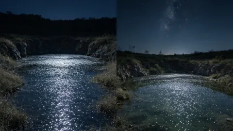 荒潭深夜水面漂浮银白色流动光点