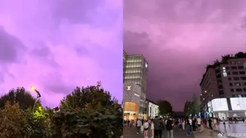 杭州天空突然变粉紫